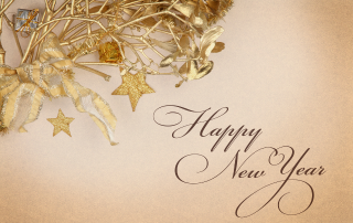 Gold stars and decorations accompany the text "Happy New Year" on a soft, beige background.